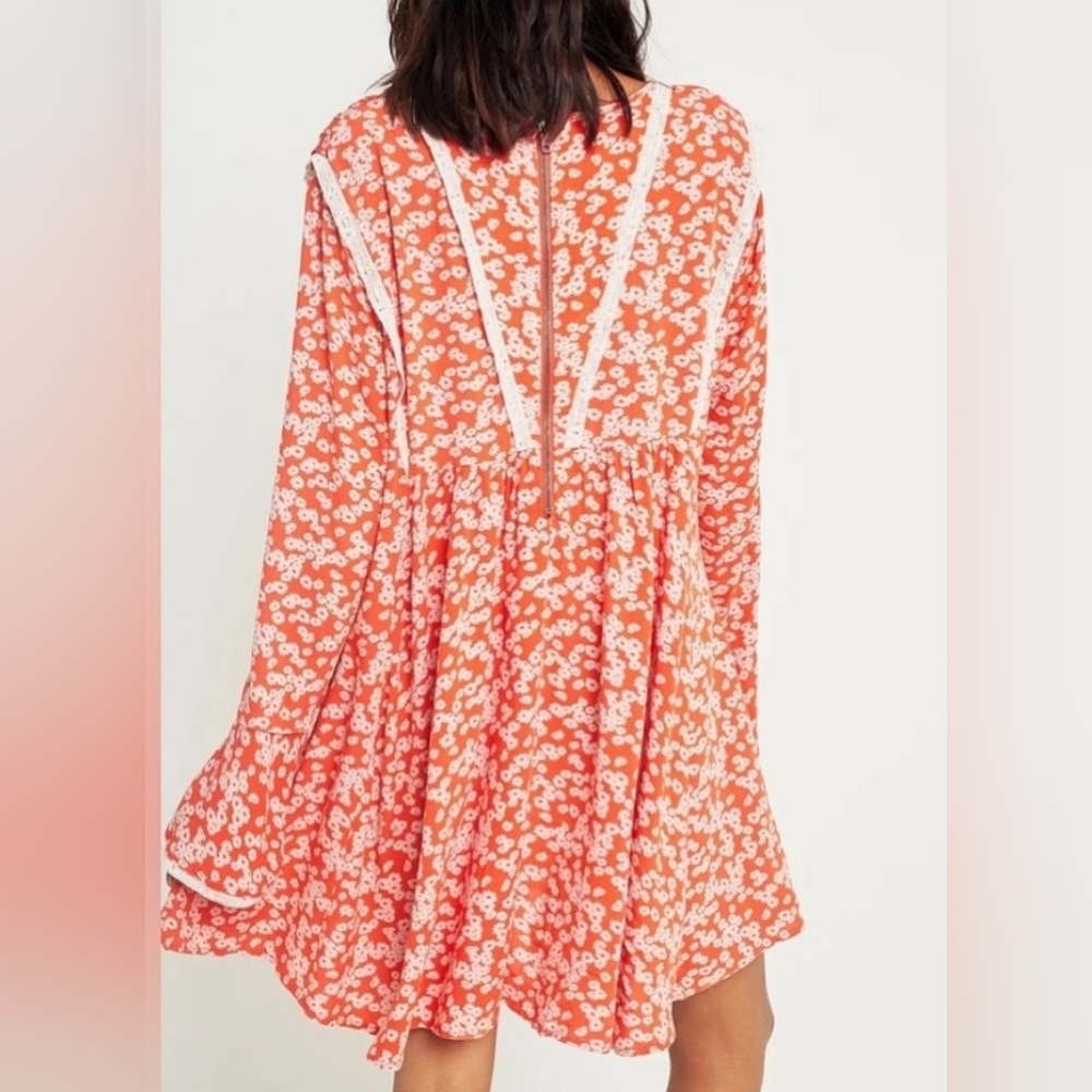 FREE PEOPLE Orange Floral Ruffle Dress Size Large - Picture 3 of 7
